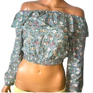 Juniors' Live To Be Spoiled Ruffled Off-the-Shoulder Top NEW SZ SM cropped